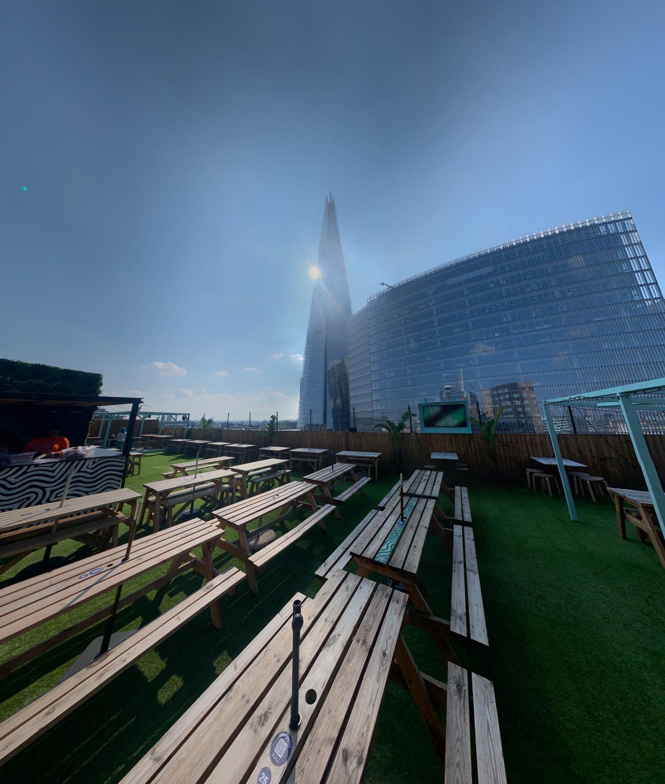 Rooftop seating with Shard backdrop at London Bridge